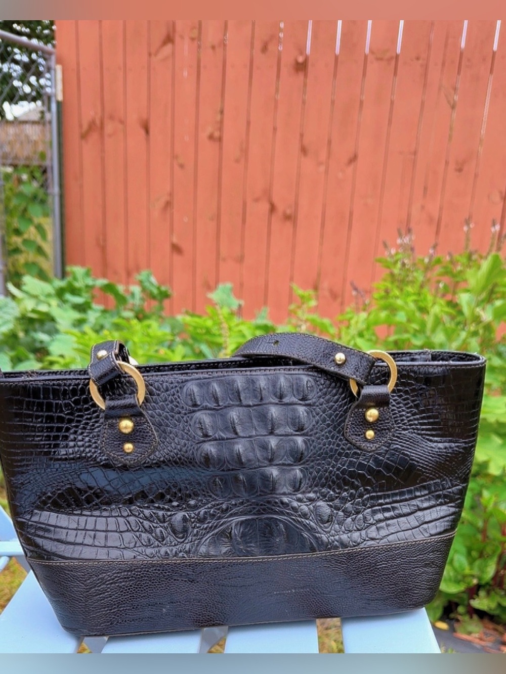 Brahmin Black Croc Embossed Leather Tote Shoulder Bag Gold Hardware